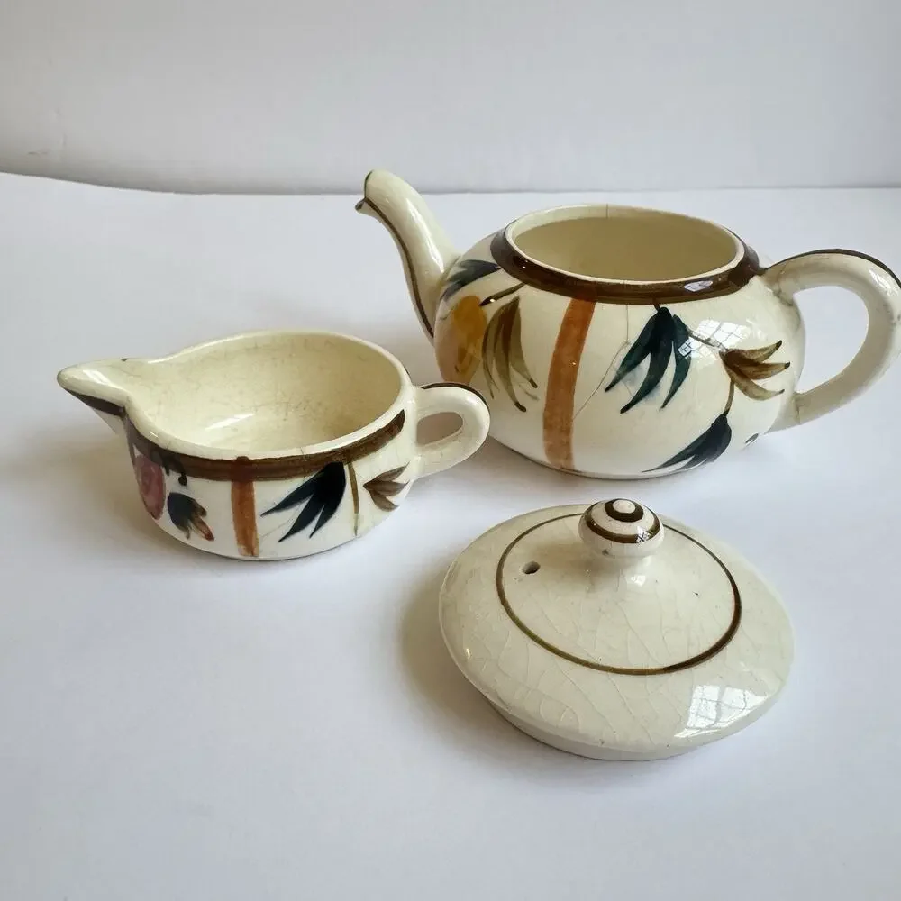 Vintage Tea for One Stacking Set Teapot Creamer Autumn Leaves Pattern Pear Japan